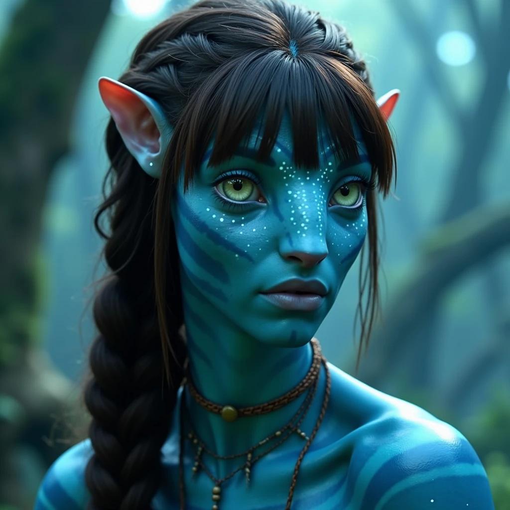 na'vi, na'vi race, avatar, pale teal blue skin, dark brown hair, blue eyes, straight brown hair with bangs styled in a low ponytail, long bangs, bangs covering forehead, no eyebrows, white bioluminescent freckles, thin blue stripes on face and neck, dark blue eyes