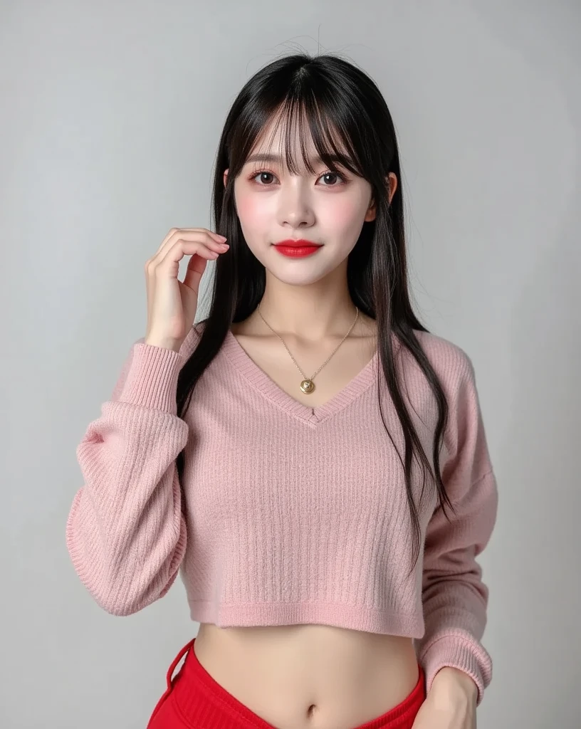 female, fair, amazing face and eyes, cosmetics, red glossy lips, (Extremely detailed fair face), (The sexiest look), (sweatshirt), (best quality), (very detailed), (very detailed CG 통합 8k 벽지),original photo, professional photography, (permanent), (pure white background),(black hair),(big eyes),(soft light source),(a little cleavage),(shorts),(red underwear)，gold glasses