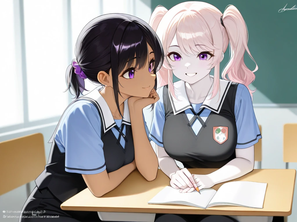 An anime-style illustration of Shugo Masaki 30 years old, a chuunibyo professor, sitting in a university cafeteria with Haruka and Kaede, his twin 20 years old sensual students, seen from a wider perspective. Shugo has white hair tied in a short ponytail, light brown skin, and a mature build, wearing his signature outfit: a royal blue shirt, a black vest, and black pants. Haruka, with jet-black hair styled in playful twin ponytails with pink hair ties, vibrant purple eyes, and a cheerful smile, wears her modern school uniform with a gal touch. Kaede, with long blonde twin ponytails, black hair ties, pale skin, and vibrant purple eyes, exudes a gothic charm in her modern school uniform with dark accents. The cafeteria is bright and lively, featuring multiple tables, chairs, and students in the background, with large windows letting in sunlight, creating a dynamic and friendly atmosphere.