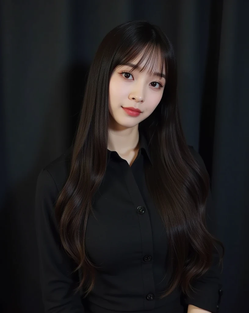 Best Quality, Masterpiece, Perfect Body Beauty, cinematic lighting,   black shirt, Highly detailed face and skin texture, Detailed eyes, whitening skin, perfect face, ((huge breast)), looking at viewer, ((Dark background)), open mouse, straight Bangs, long hair,