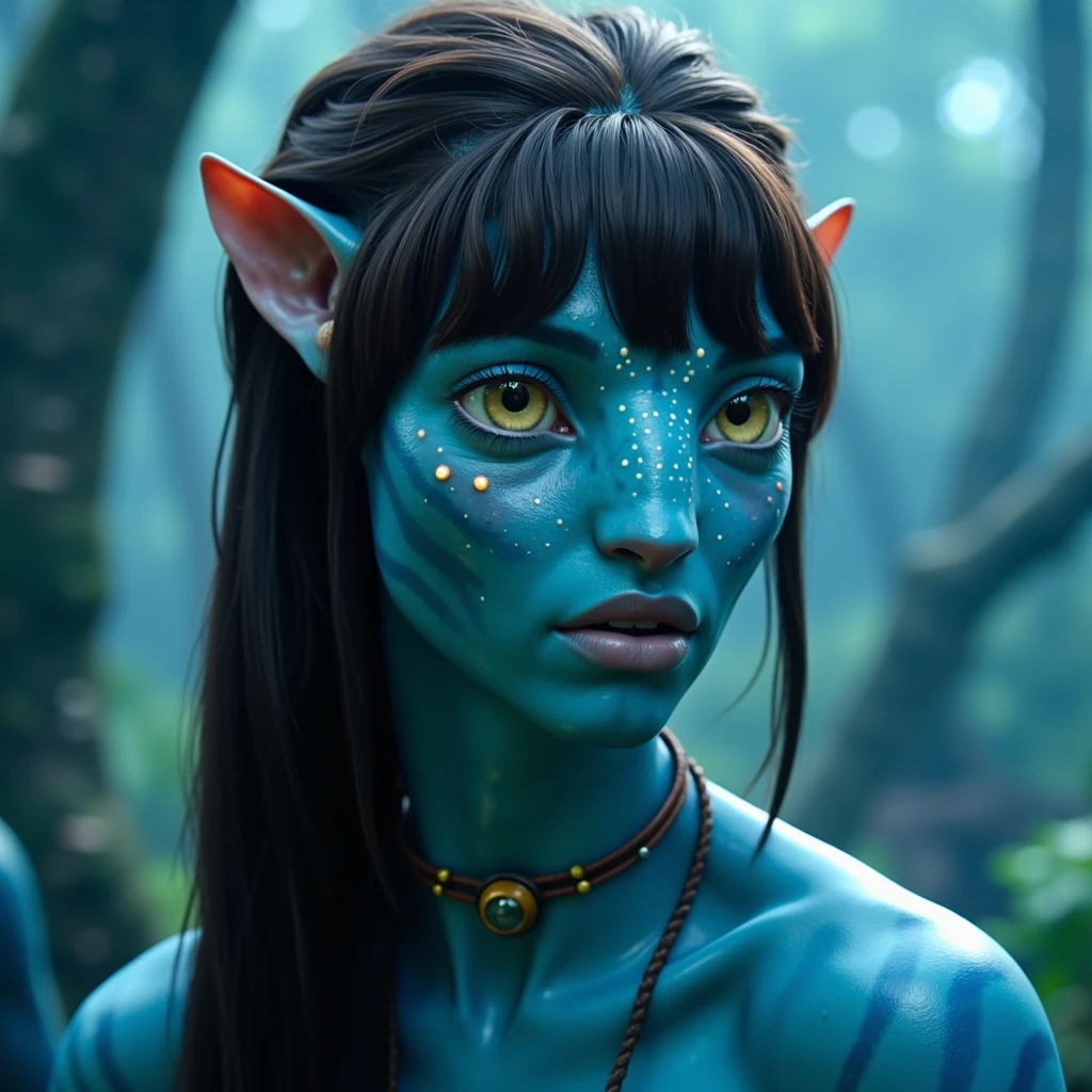 na'vi, na'vi race, avatar, pale teal blue skin, dark brown hair, blue eyes, straight brown hair with bangs styled in a low ponytail, long bangs, bangs covering forehead, no eyebrows, white bioluminescent freckles, thin blue stripes on face and neck, dark blue eyes, facing viewer