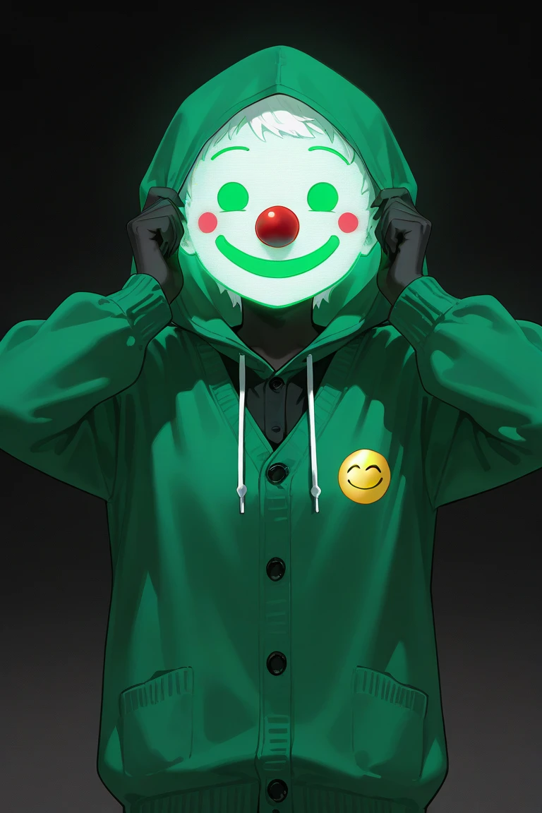 , the character with black skin is wearing a green cardigan with black buttons only on the right,  on his head he also has a green hood on the edge of which is white fur , , he has a green smiling face in the form of a hologram , a smiley ,  emoticon and a red clown nose in the anime style 