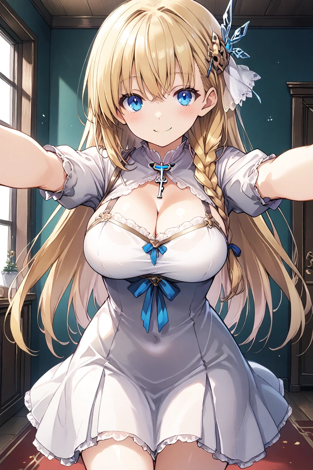 masterpiece, best quality, absurdres, ultra-detailed, very aesthetic, key visual, angelica_knight, 1girl, solo, long hair, blue eyes, bangs, blonde hair, braid, large breasts, cleavage, hair ornament, (loli), white dress, smile, closed mouth, bedroom,((open arms for viewer)),