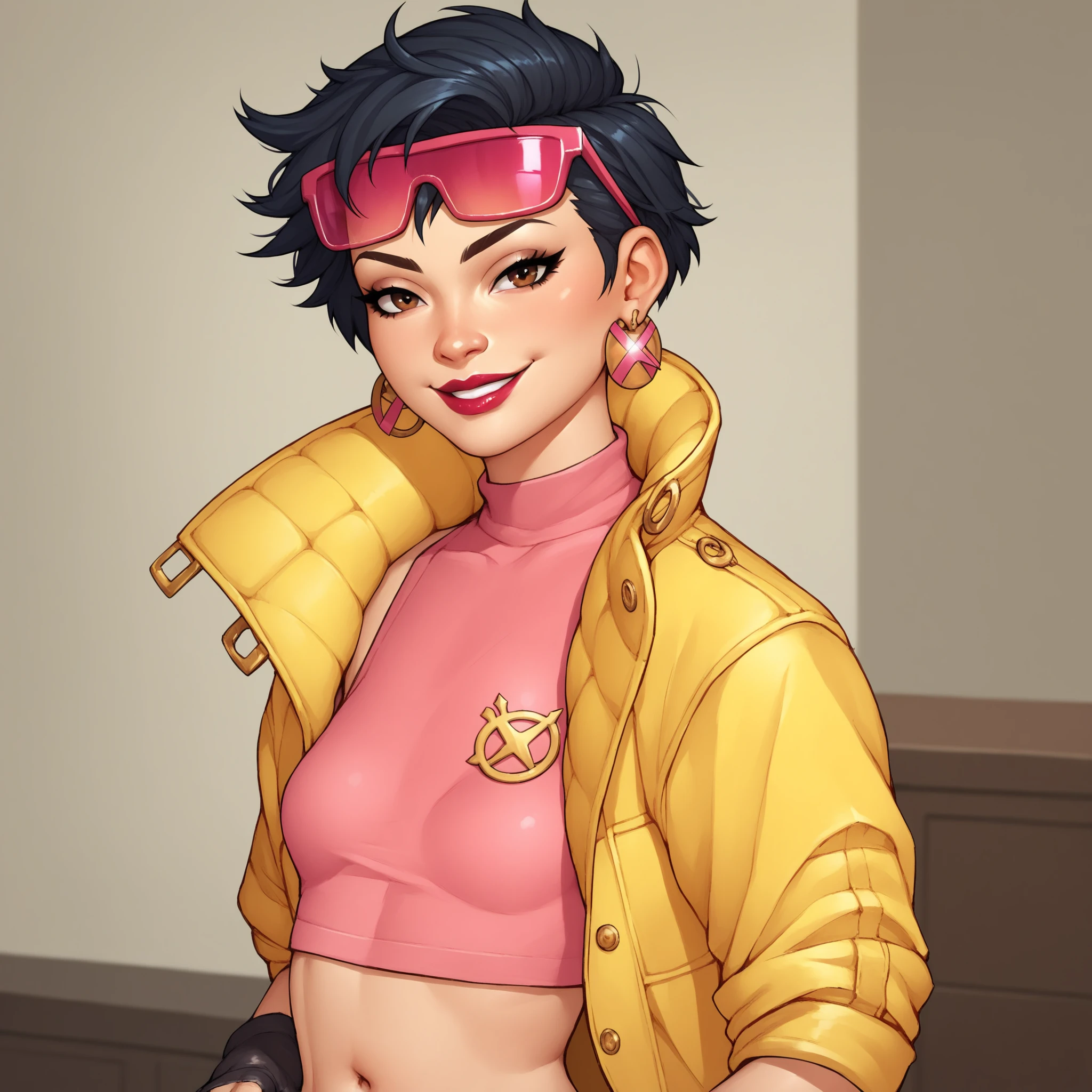 score_9, score_8_up, score_7_up, score_6_up, score_5_up, score_4_up, JubileeXMXL, lipstick, brown eyes, black hair, short hair, eyewear on head, earrings, small breasts, yellow jacket, pink crop top, symbol print, navel, black gloves, single fingerless gloves, (portrait shot, upper body), seductive smile, looking at viewer, indoors 