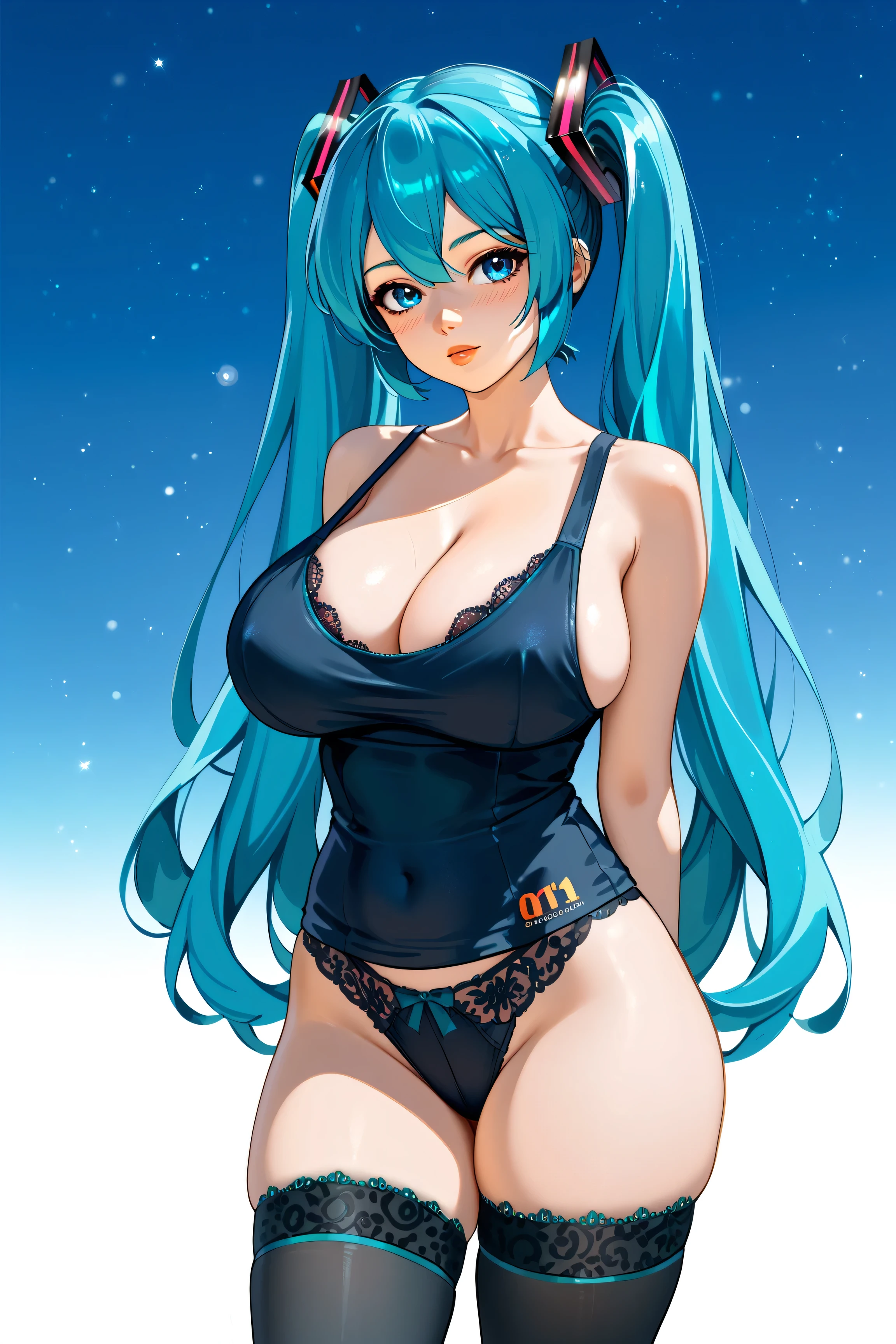 Hatsune Miku from Vocaloid, blue hair, blue eyes, huge breasts, and thick thighs, thigh highs, lingerie, standing in a relaxed contrapposto pose with her hands behind her back, she’s facing viewer straight, having a dramatic, neutral expression on her young face, her tank top revealing pronounced cleavage and sideboob, with a pale color gradation, blending retro elements, contemporary digital art, and surrealism, with intricate details, 