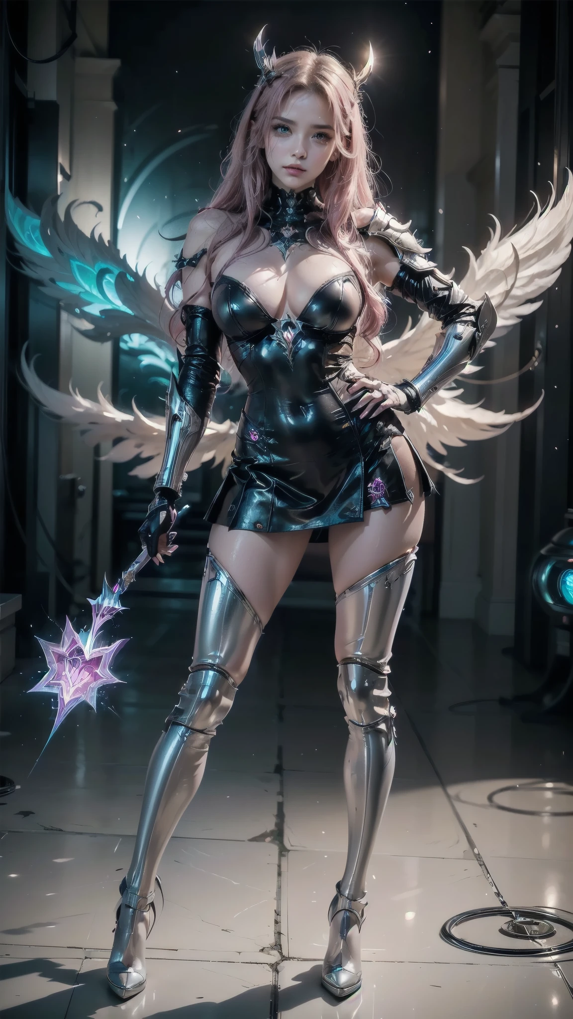 1 , guardian star (league of legends), pink hair, shezfe , long hair, thighhighs, skirt, thigh boots, elbow shezfe , hand on hip, bare shoulders, Alone, (basic), White Shezfe , breasts, boots, pink eyes, whole body, fringe, magical girl, hair ornament, Star (symbol), looking at the viewer , high heels , standing,Galaxy, Rainbow, Fantasy, pink background, stars,
Full length shot, Superhero pose, Biomechanics suit, inflateble shapes, Wearing epic bionic implants, masterpiece, Complex, biopunk futuristic wardrobe, Very detailed, Art Station, Concept Art, cyberpunk, Octane Rendering,
(Chapped lips:1.4), (blush de nariz:1.2), foreshortening, black cuts, (eye contact), High contrast, ultra high resolution, high resolution, detailed, Clean face, (Sexy face:1.5), (big purple eyes:1.2), ( ultra detailed eyes:1.4), ( high resolution eyes :1.1), ( ultra detailed skin texture:1.4), PERSEPHONE, Persephone, Persephone, (SFW:1.5)