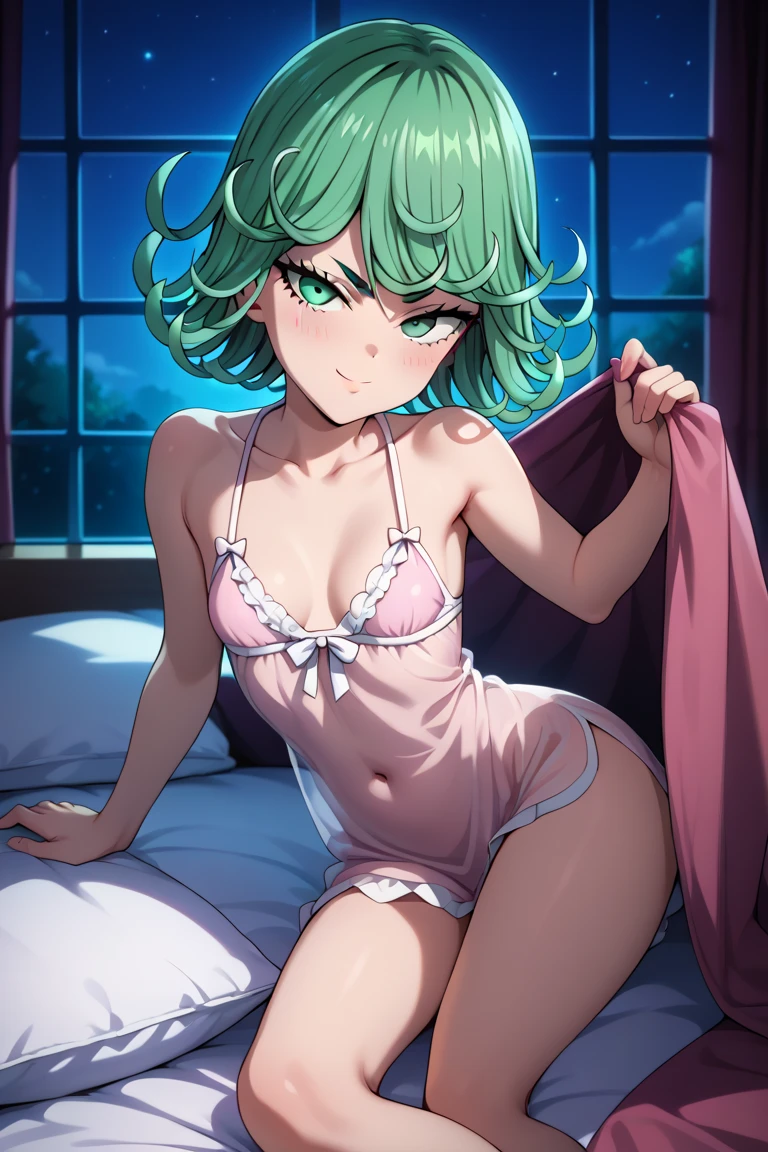 Best Quality, Masterpiece, ultra high resolution, tatsumaki, green hair, curly hair, short hair, green eyes, bangs, small breasts,      skinny, petite body, cleavage, looking at viewer, bed invitation, on bed, on side, pillow, under covers, dimly light, nightgown, night, windows, bedrrom, naughty face, blush, 