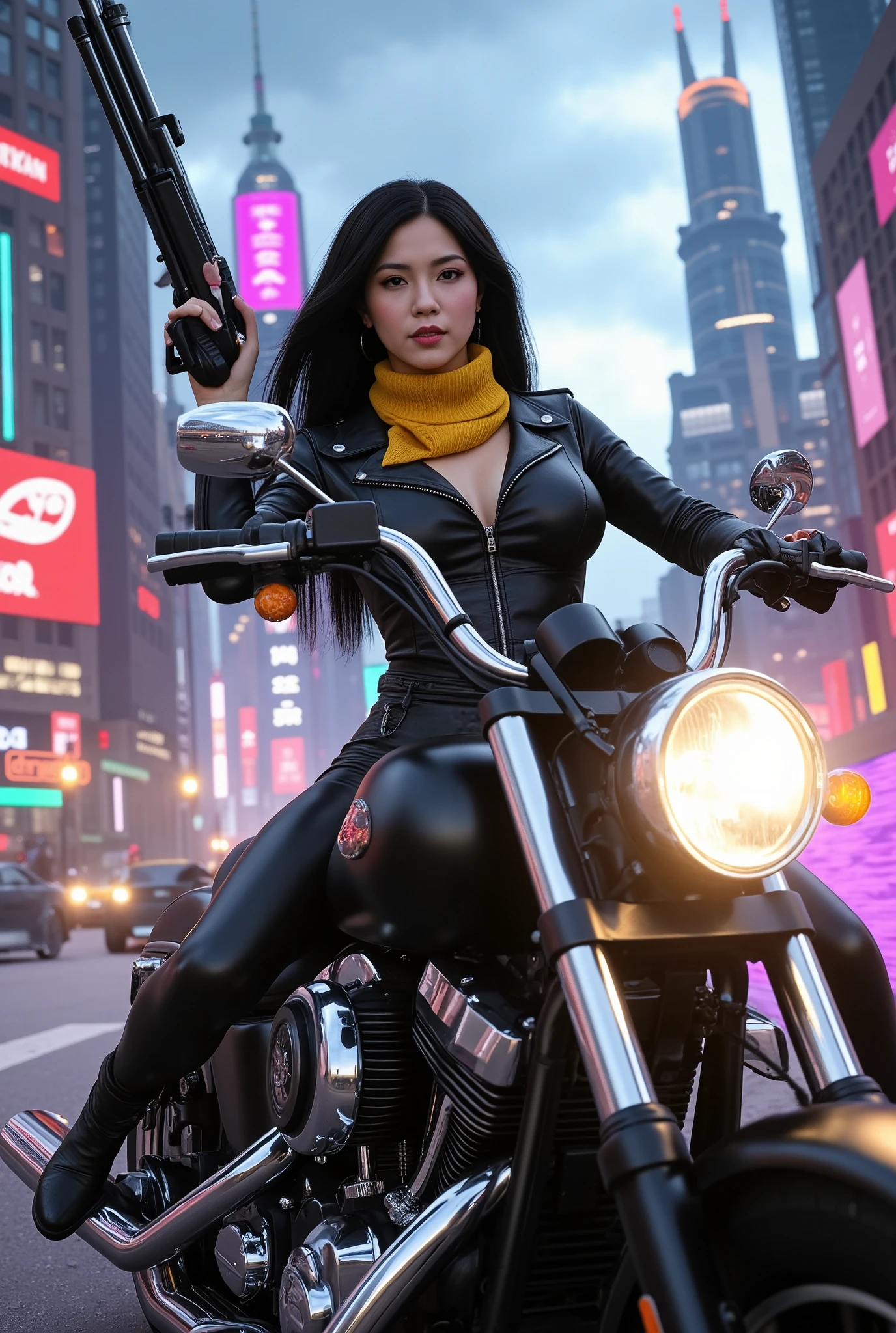 (masterpiece, Best Quality, High resolution, 32K HDR),year of dragon,chinese Mafia girl, man harem,strong woman,black long hair, big breasts