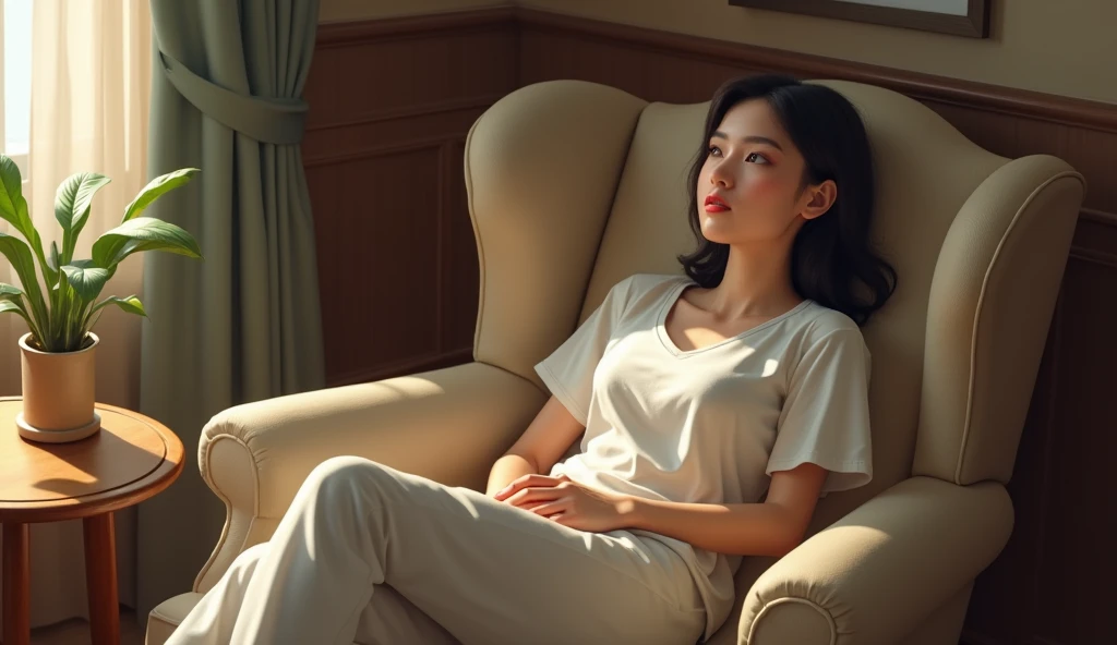 there is a woman sitting on a chair with a white shirt, Cai Xukun, jia, shaxi, dilraba dilmurat, Lu Ji, dressed in a white t-shirt, ruan jia beautiful!, Xianxia, casual white garment, inspired by Zhang Shuqi, white t - shirt, White T-shirt, whitet-shirt