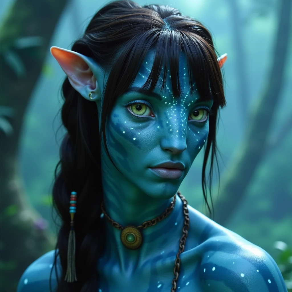 na'vi, na'vi race, avatar, pale teal blue skin, dark brown hair, blue eyes, straight brown hair with bangs styled in a low ponytail, long bangs, bangs covering forehead, no eyebrows, white bioluminescent freckles, thin blue stripes on face and neck, dark blue eyes