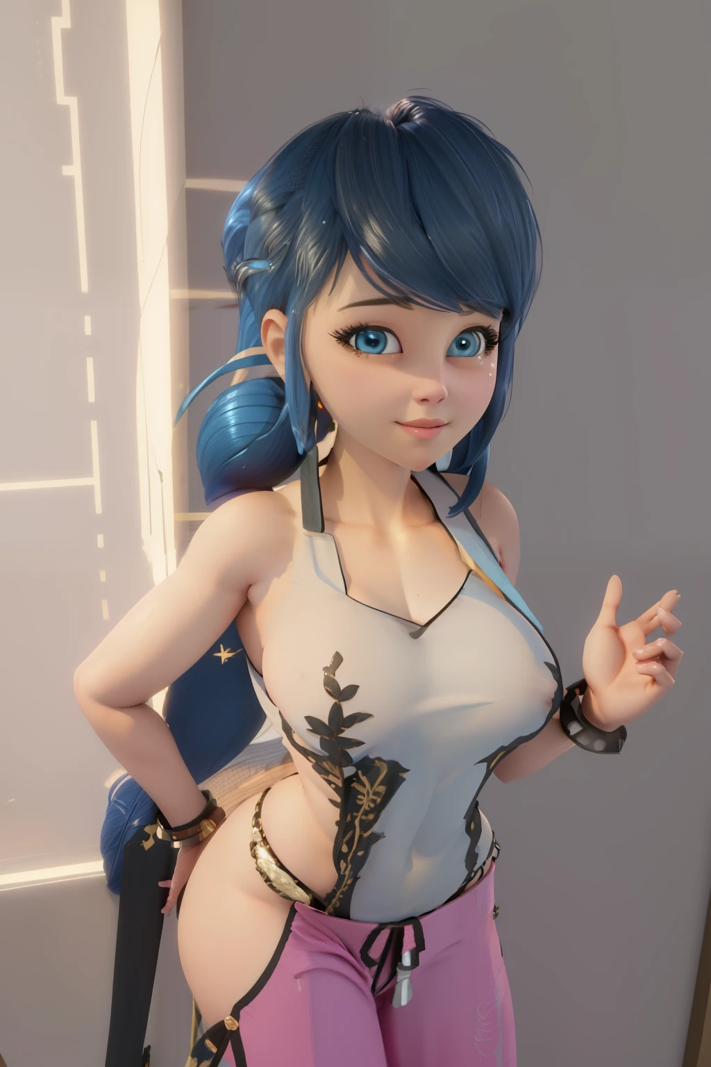 (8k, RAW photo, best quality, masterpiece:1.2), (intricate details), perfect eyes, perfect face, perfect lighting, beautiful, (masterpiece:1.2), (best quality:1.2), 1girl, solo, marinette, blue hair, long hair down, adult torso, , slight smile, medium sized breasts, white sleeveless shirt, pink sweatpants