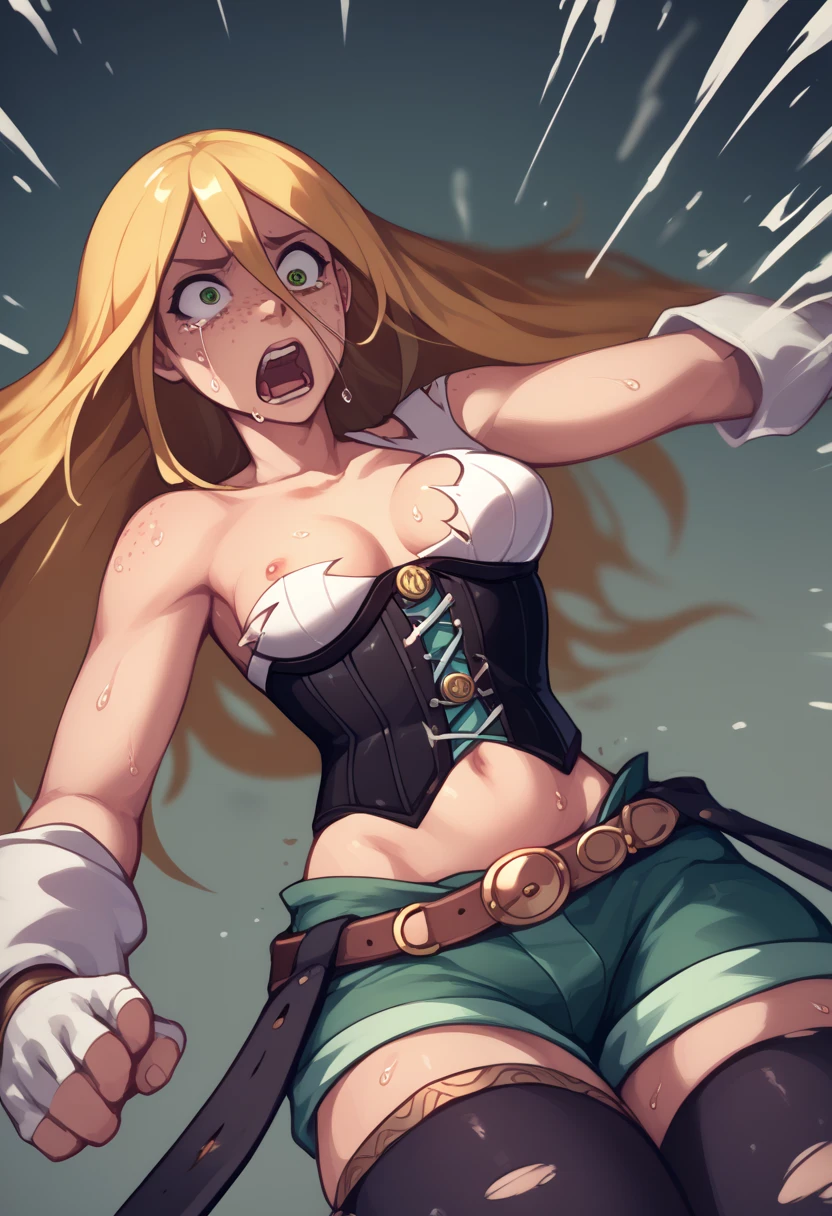 Azura, yellow hair, belly punch, pain expression, corset top, black corset, torn clothes, exploding clothes, one breast out, white gloves, open mouth, face freckles, pain, :o, topless, green shorts, black legwear, nipple, belt, injuries, medium breasts, green eyes, frown, sweat, long hair, straight hair, tears, small iris, doubled over pain, belly buttom, 