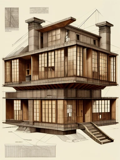 An assembly drawing SteampunkSchematics of a brutalist house with windows, construction lines, dimensions, ultra detailed, Hyperrealistic, sharp focus,