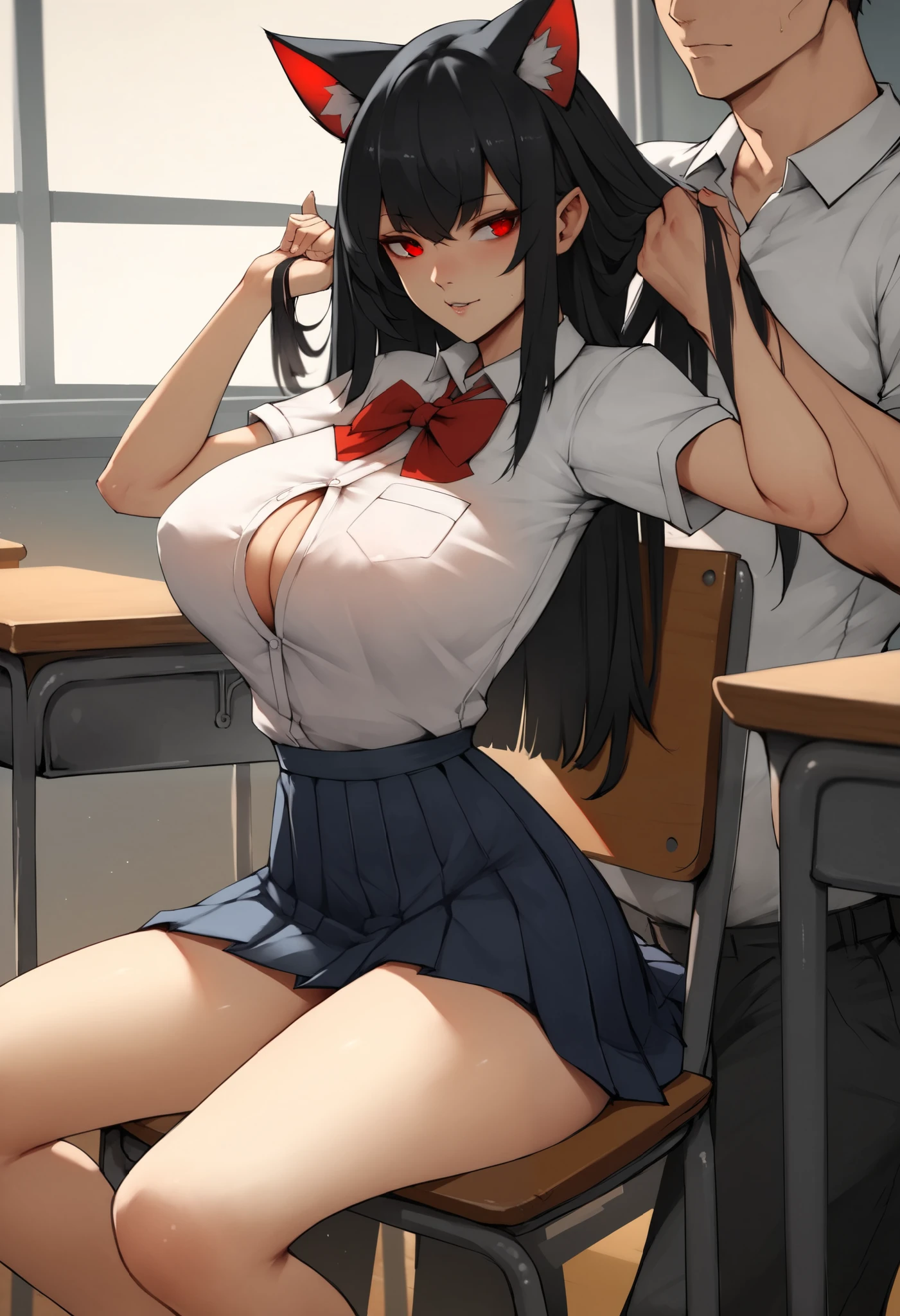 junkotvvxl in class sitting on a chair during class ,  power has big breasts and long black hair ,  straight bangs, cat ears, red eyes, in class,  is on his back,  without looking at the camera ,  the boy is holding the girl's hair behind her , } the boy is holding junkotvvxl's hair behind her with his hands,(( hand in the hair of another )),((grabbing another&#39;s hair)),  backwards with junkotvvxl ,behind her  , junkotvvxl sitting in a chair ,in a school classroom, junkotvvxl from behind ,  junkotvvxl in school uniform  ,  junkotvvxl sitting in a chair  escolar,  pose of her backwards ,  seen of her backwards ,  with long black hair , cat ears, red eyes