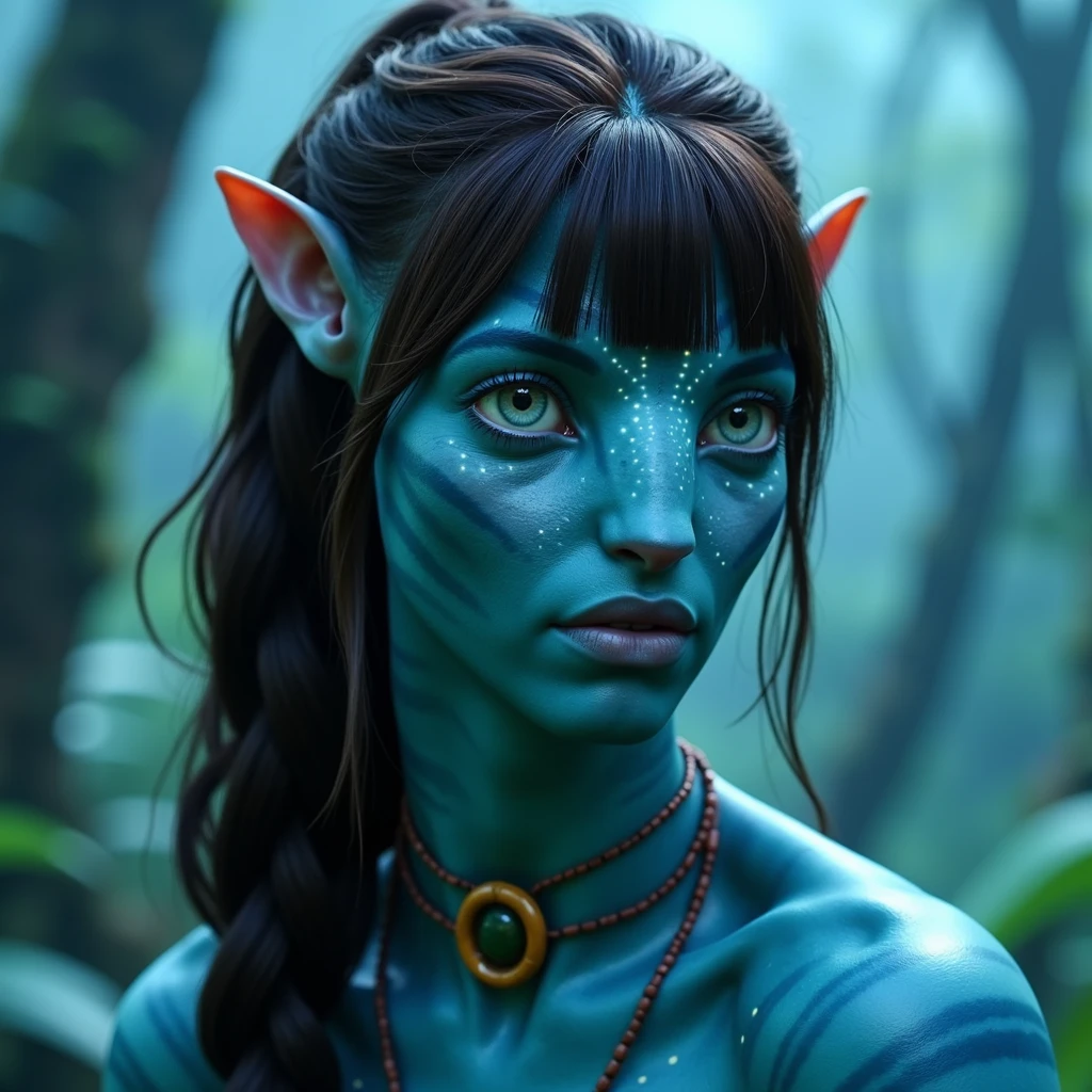 na'vi, na'vi race, avatar, pale teal blue skin, dark brown hair, blue eyes, straight brown hair with bangs styled in a low ponytail, long bangs, bangs covering forehead, no eyebrows, white bioluminescent freckles, thin blue stripes on face and neck, dark blue eyes