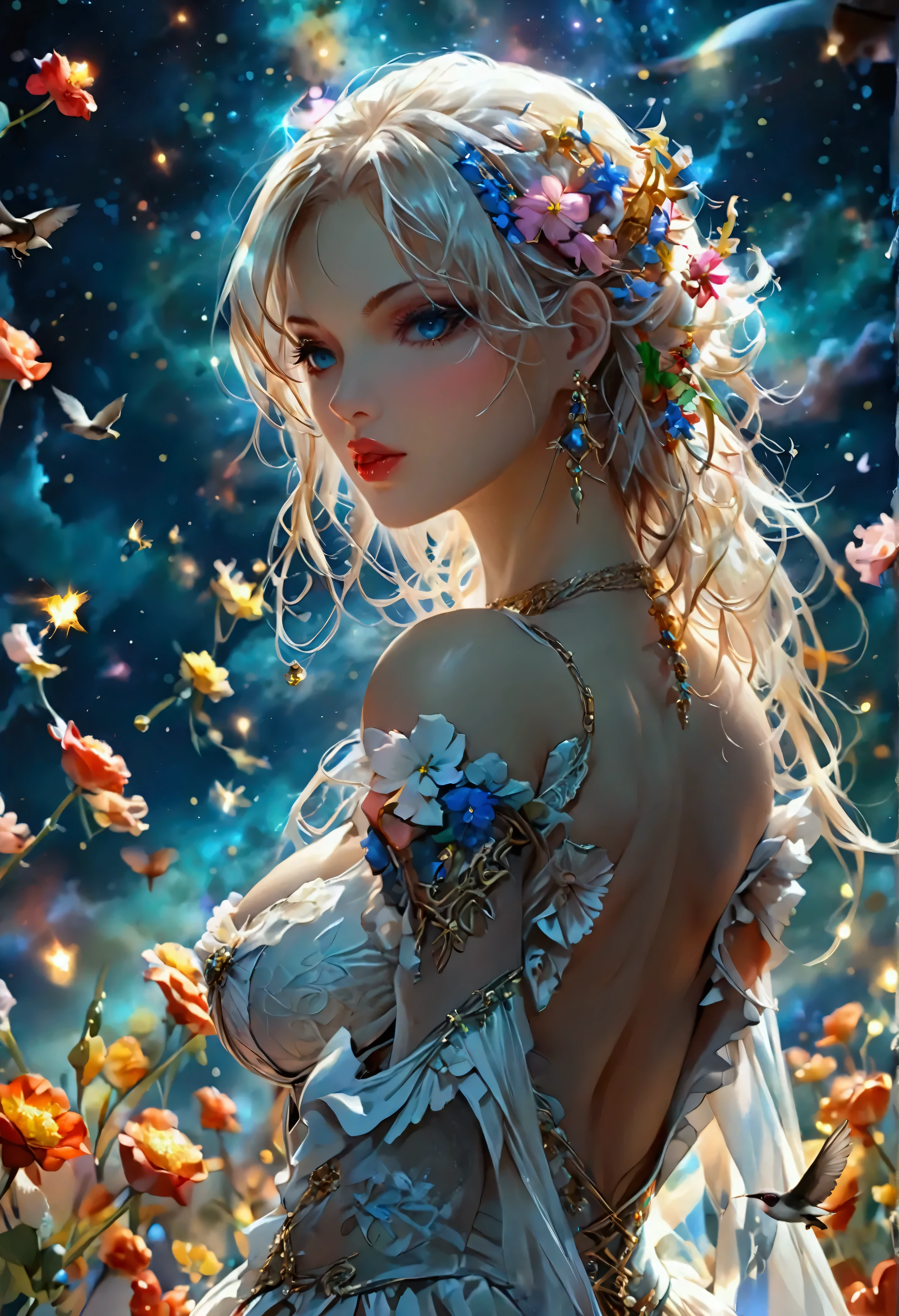 (8k, top quality, Masterpiece , Final Fantasy Style, in style of Anna Razumovskaya, :1.5),Atmospheric perspective, 8K, Very detailed, Accurate, Highest quality, masterpiece, Very detailed,, delicate and dynamic, Small faint lights and flying fireflies, night, Starry Sky, milky way, nebula, shooting star, Flowers, birds, wind and moon,erotic, sole sexy lady, healthy shaped body, 22 years old lady, White Devil Guide, 170cm tall, rom above,white background,(turning head:1.8), , ((large breasts:1.2), (huge breasts:1.2), (Uplifted and well-defined bust:1.2), (lifted chest:1.2), (perky breasts :1.2),(deep cleavage:1.4)) and a huge waist,, Delicate eye depiction, Colorful magic wand, A long dress with a complex structure, A colorful long dress, frilly see-through long dress