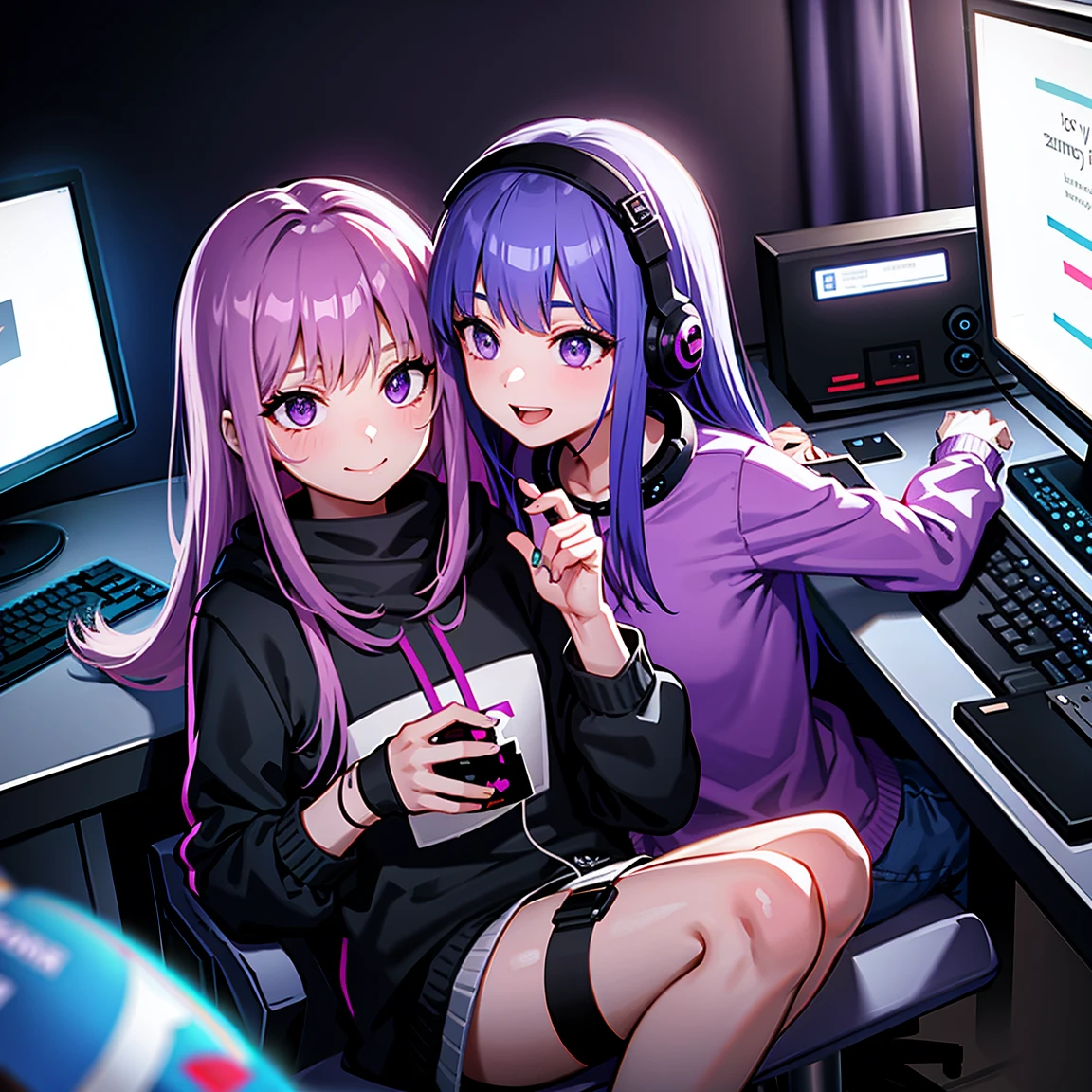 high definition 4k，An anime-style sports girl，Slim figure，Hand detail，intricate face details，black long hair，Pink pupils，wearing headphones，Put on the game team costume，Long sleeves and long skirts，sitting in front of the computer，In the background is a room with an esports atmosphere，detail-rich，Mainly black and pink color scheme，Animation-style rendering，cute 3 d render，Unreal Engine5，Stylized anime，Atey Ghailan 8 K，Stylized 3D rendering，