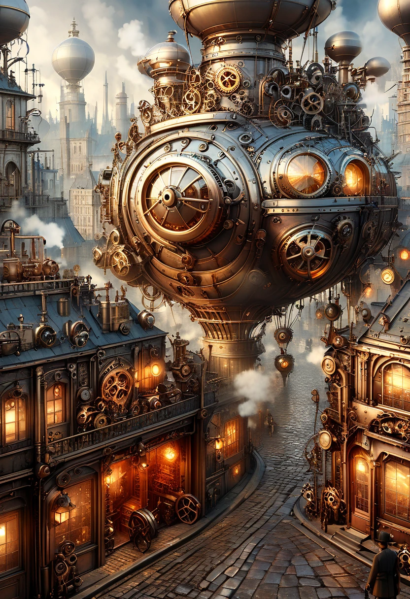 (best quality, 8k, high res, masterpiece:1.2), photorealistic, ultra-detailed, vibrant photography of a picturesque steampunk city at sunset. 
Create a vivid depiction of a bustling steampunk cityscape, where Victorian-era aesthetics blend with fantastical steam-powered technology. Imagine towering brass and copper buildings adorned with intricate gears and pipes, steam billowing from every corner. Capture the essence of this alternate reality, where airships sail amidst clockwork skyscrapers, and cobblestone streets are bustling with eccentrically dressed denizens. Let your imagination roam through the winding alleys and bustling marketplaces of this vibrant steampunk metropolis, where innovation meets nostalgia in a world powered by steam and imagination.
(dynamic angle, cinematic lighting, ethereal atmosphere:1.1), (extremely detailed:1.2), (vivid colors:1.3), (perfect composition:1.2), (sharp focus, stunning realism:1.2)