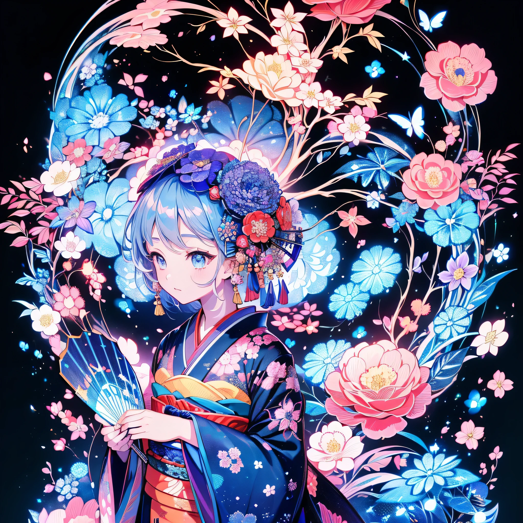 ((( Dynamic Best Composition、 top quality、 Masterpiece、 super detailed、 high definition、 Perfect Anatomy)))、Hand-held、 girl in kimono standing holding a kissel, medium length of gray hair, blue eyes, Dark blue kimono with camellia flower pattern , Girl in a kimono standing with a red splash pattern , stone open-air bath surrounded by very high quality , super fine detail, Very fine kimono pattern 、Japanese Geometric Pattern Background 、Abstract Painting、A girl in a kimono standing holding a giant gorgeous fan 、coloured glaze、 black light 、 face、