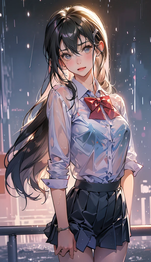 best quality, highres, absurdres, ultra-detailed, suzuya_(kancolle), 1girl, long_hair, skirt, solo, shirt, rain, wet_clothes, hair_ornament, wet, breasts, underwear, pleated_skirt, see-through, bowtie, red_bow