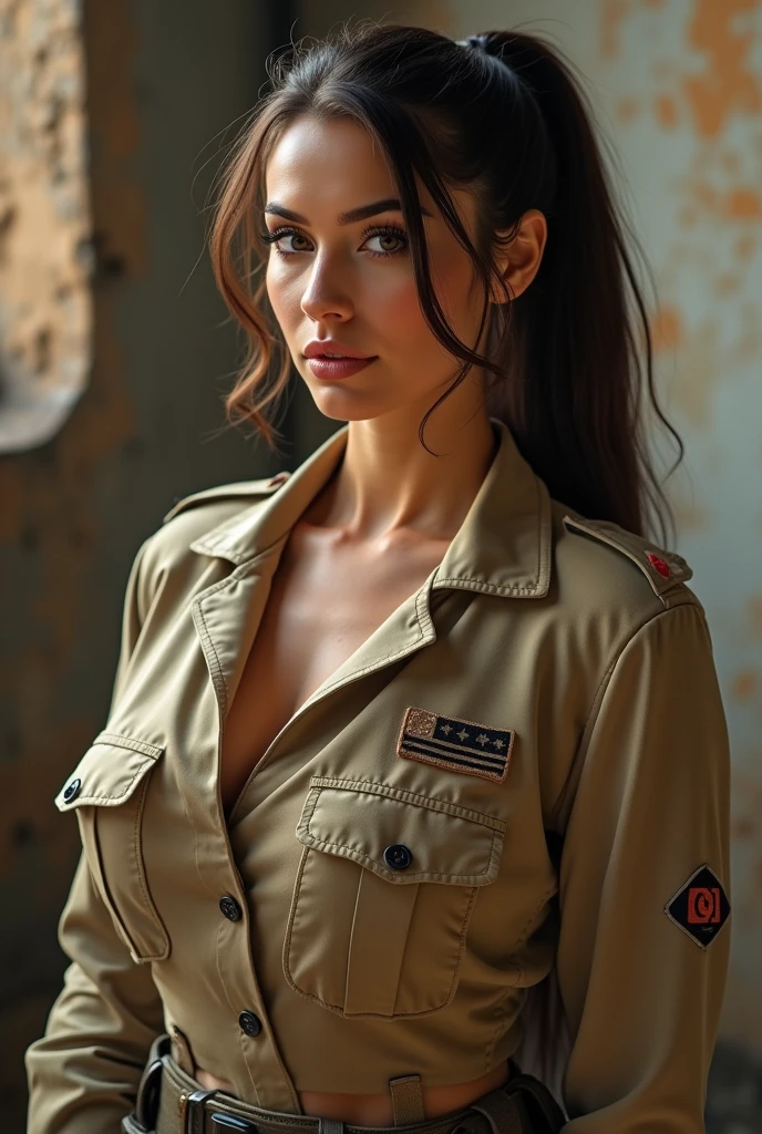 Girl in military uniform, murderous and ruthless, (topless, nipples, huge breasts:1.4)
