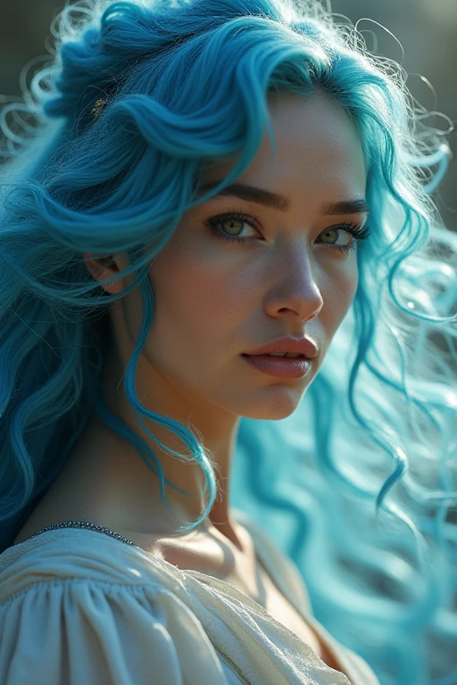 a beautiful biracial latina woman, long wavy blue hair, light blue eyes, holding blue powder forming "BlueKaria", black background, (best quality,4k,8k,highres,masterpiece:1.2),ultra-detailed,(realistic,photorealistic,photo-realistic:1.37),cinematic lighting,dramatic color palette,vibrant colors,stunning portrait,elegant pose,ethereal,mystical,digital art