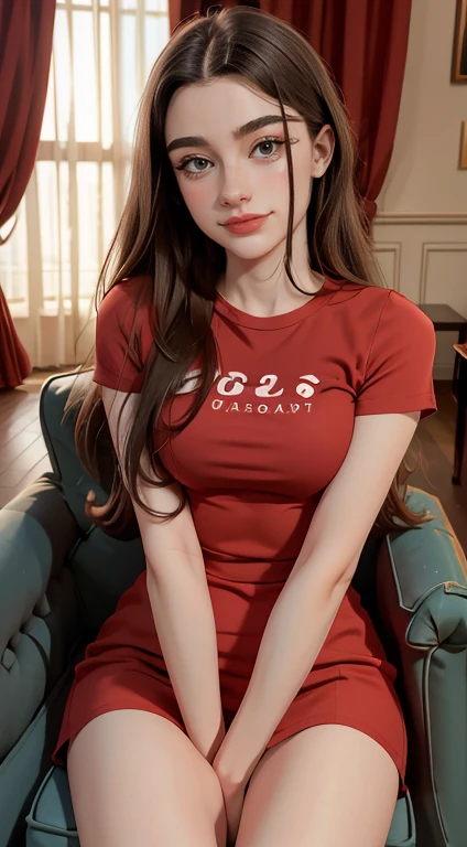 Foto hiperrealista en primer plano de Dasha Taran wear red t-shirt dress, siting on the armchair, beautiful legs, sexy pose, hotel hall, beautiful woman, skinny, medium breasts, black short hair (bob hair:1.2), detailed face, smile, facing the camera, photo taken from a distance, age of 18 years old