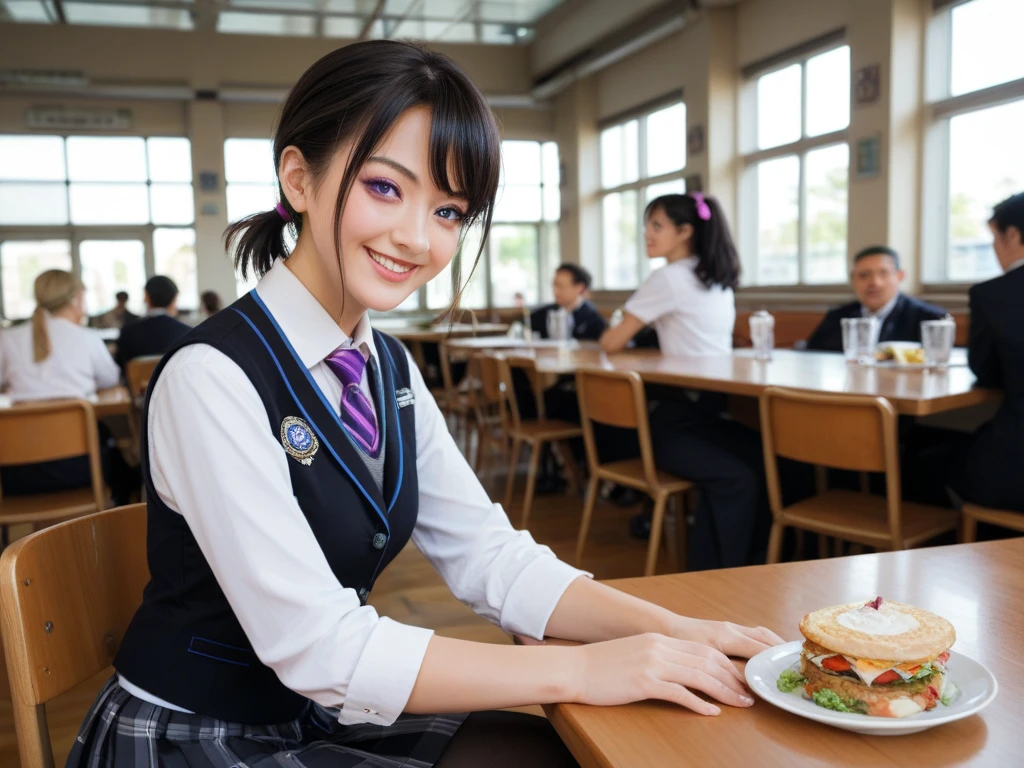 An anime-style illustration of Shugo Masaki 30 years old, a chuunibyo professor, sitting in a university cafeteria with Haruka and Kaede, his twin 20 years old sensual students, seen from a wider perspective. Shugo has white hair tied in a short ponytail, light brown skin, and a mature build, wearing his signature outfit: a royal blue shirt, a black vest, and black pants. Haruka, with jet-black hair styled in playful twin ponytails with pink hair ties, vibrant purple eyes, and a cheerful smile, wears her modern school uniform with a gal touch. Kaede, with long blonde twin ponytails, black hair ties, pale skin, and vibrant purple eyes, exudes a gothic charm in her modern school uniform with dark accents. The cafeteria is bright and lively, featuring multiple tables, chairs, and students in the background, with large windows letting in sunlight, creating a dynamic and friendly atmosphere.