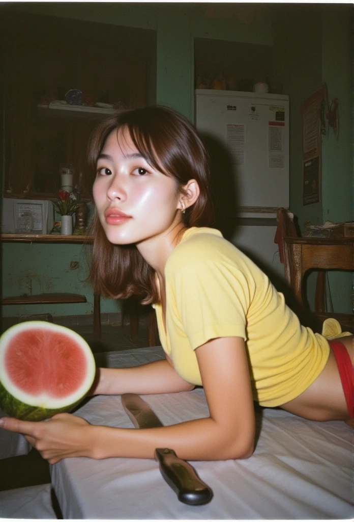 full body view, side view ,  a beautiful 19-year-old Indonesian woman,  wearing a yellow t-shirt and red thong , big boobs busting, big butt, Sweaty body , lying on her stomach on the kitchen table,  next to it was a cut watermelon and a knife, set in a simple kitchen , Low light,  noise , Grain, midday.