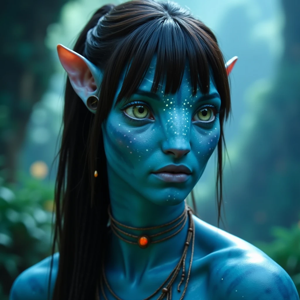 na'vi, na'vi race, avatar, pale teal blue skin, dark brown hair, blue eyes, straight brown hair with bangs, low ponytail, long bangs, bangs covering forehead, no eyebrows