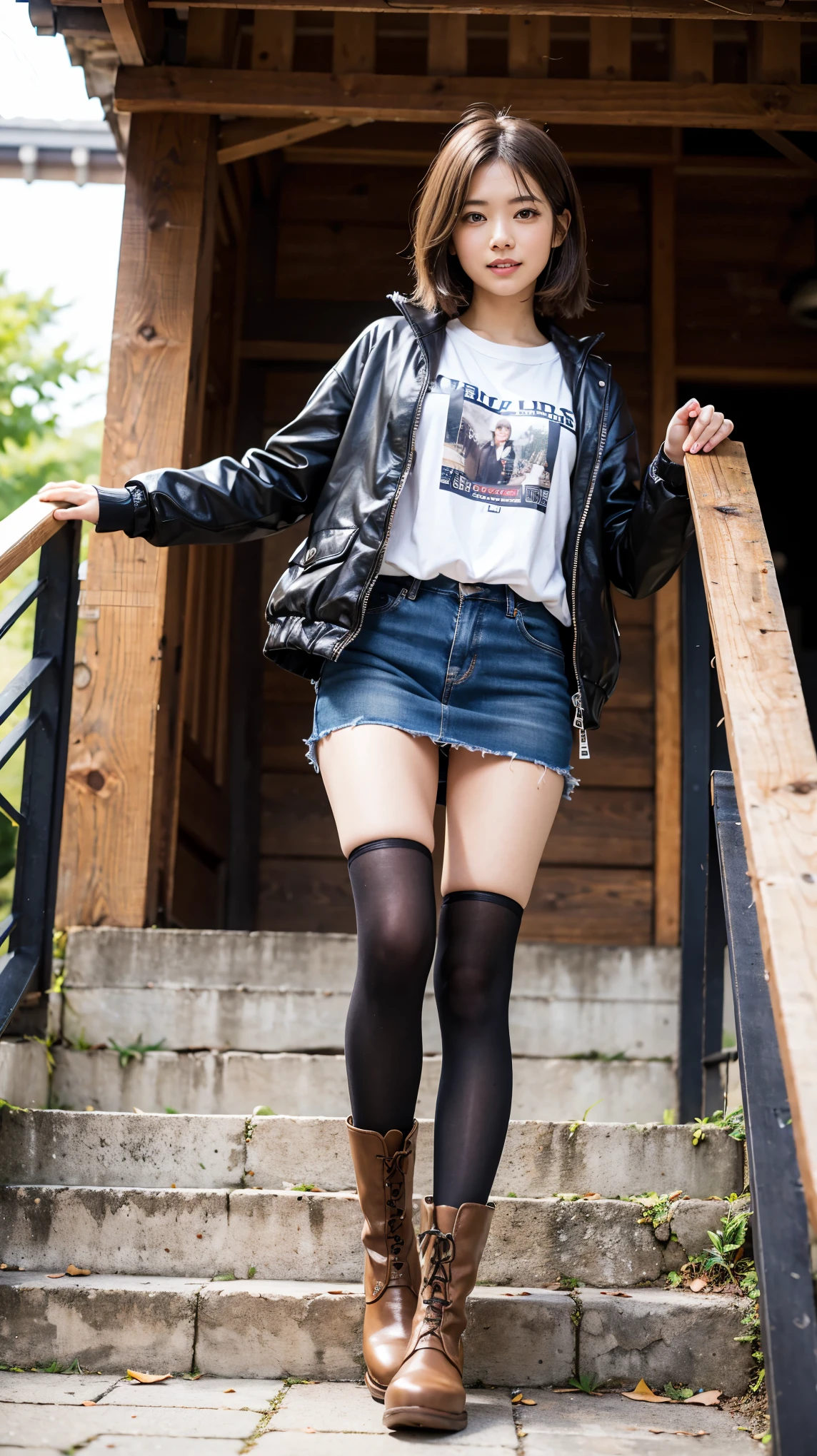 (8K、RAW Photos、Highest quality、masterpiece:1.2)、(Realistic、Realistic)、1 Girl、((mini skirt、Jacket、smile、Sleeveless、ponytail、black、Thin legs、whole body、boots、one piece、garden、View from the front、Looking into the camera、belt、Stand with hands on hips))、cute