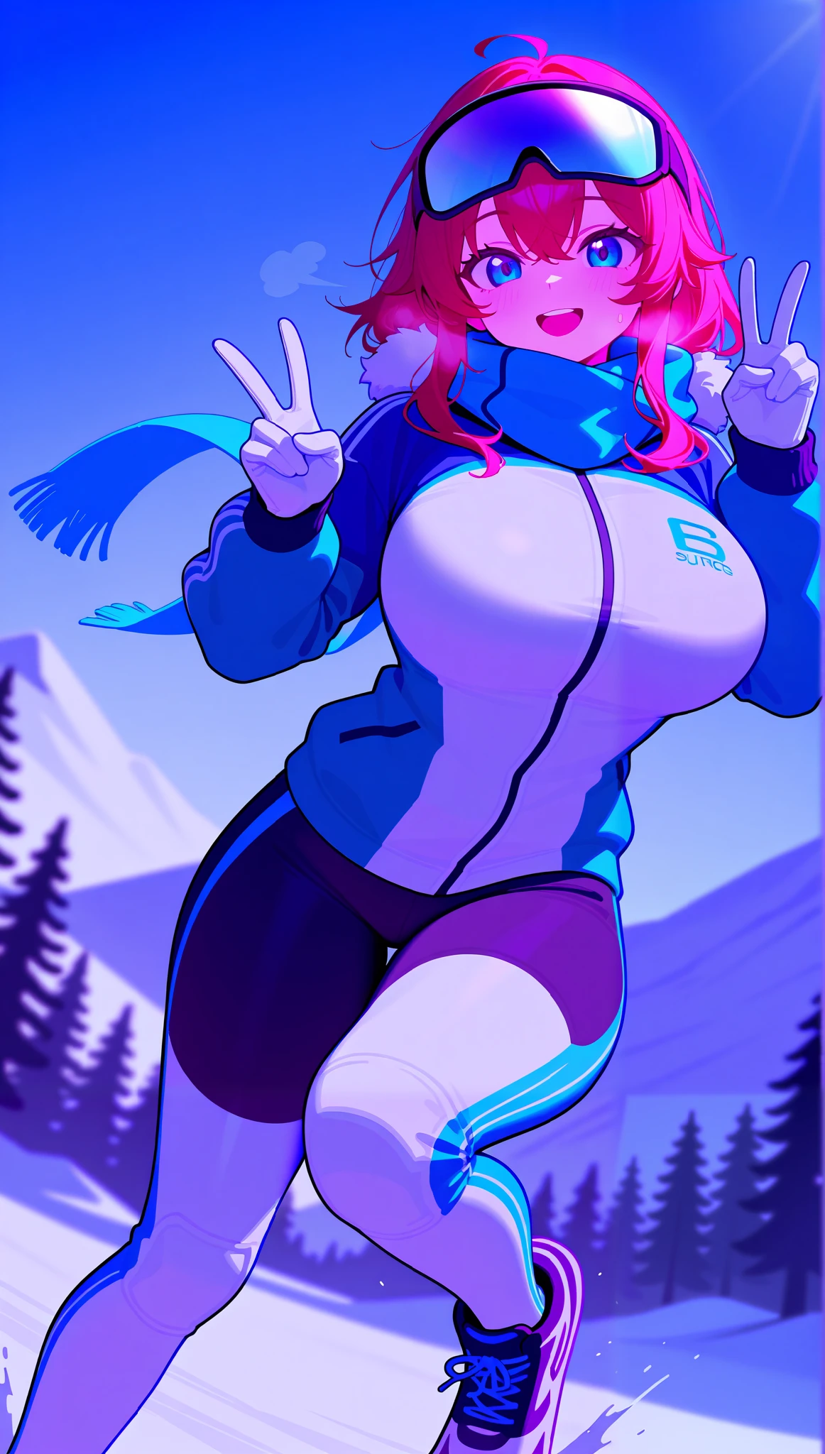 A girl Scott Pilgrim Ramona Flowers shirt jacket roller skates Super huge breasts breast enlargement A person standing in the snow looking at the camera smiling full-body shot