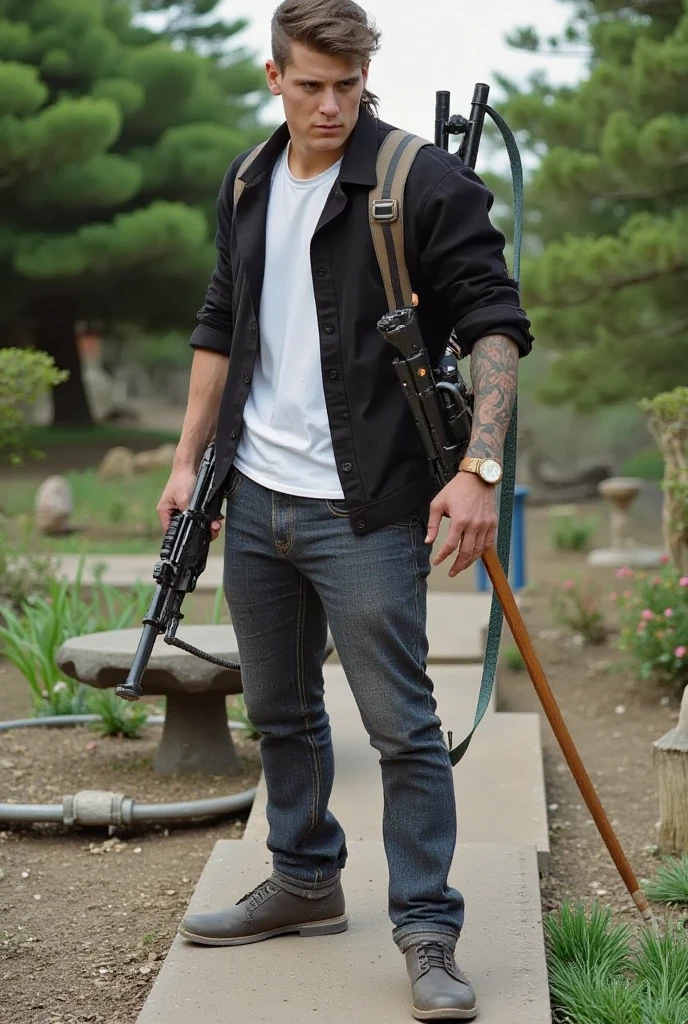 wide shot of rico at 35 years old in a cinematic action pose as a futuristic assassin in a japanese garden