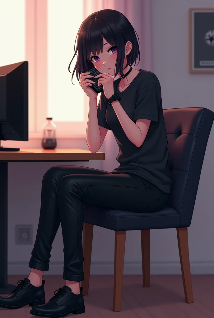 black haired man , Sitting in front of a modern computer and doing programming. , in a room with light , Game creation theme , slide
