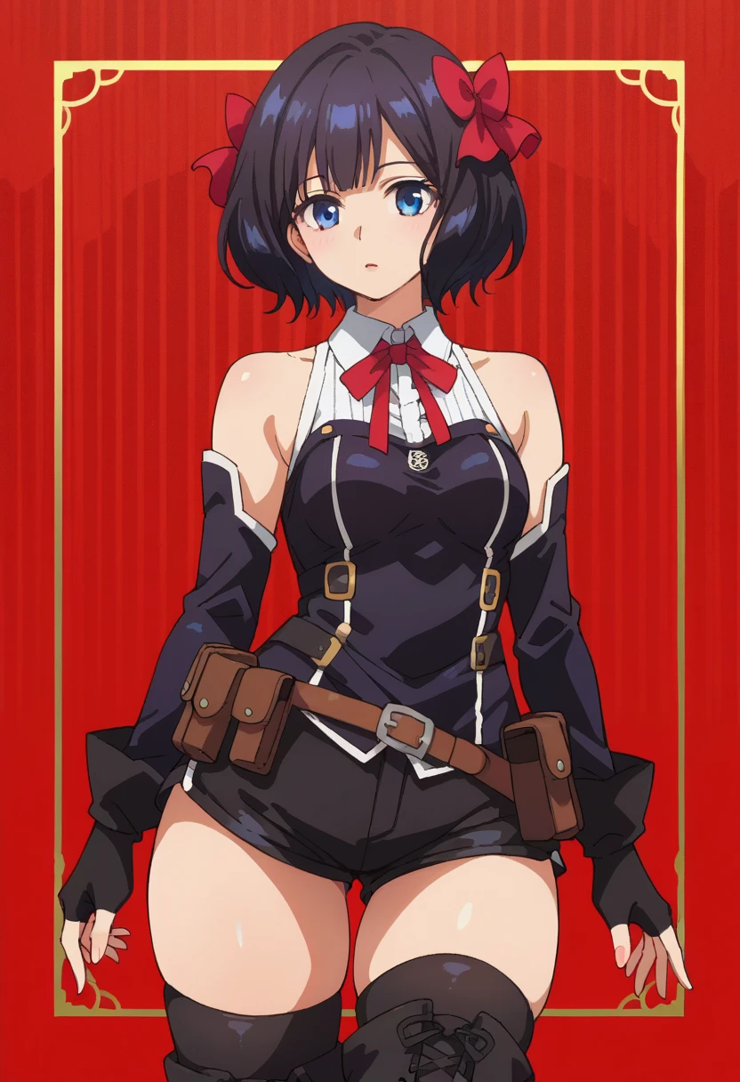 tino shade, score_9, score_8_up, score_7_up, source_anime, anime screencap, masterpiece, insanely detailed, detailed background, zPDXL3, rating_safe,
1girl, solo, tino,short black hair,bangs,red bow hair accessory,blue eyes,
tinodress,bare shoulders,collared shirt,neck ribbon,red ribbon,wide hips, thick thighs,taut shorts,Impossible shorts,tight,butt,buttcheeks,curvy,(micro_shorts:1.2),detached sleeves,brown fingerless gloves,belt,belt pouch,vertical stripes, zettai ryouiki,black thighhighs,black thigh boots,  perfect hands, hand with five fingers, beautiful hands, 
