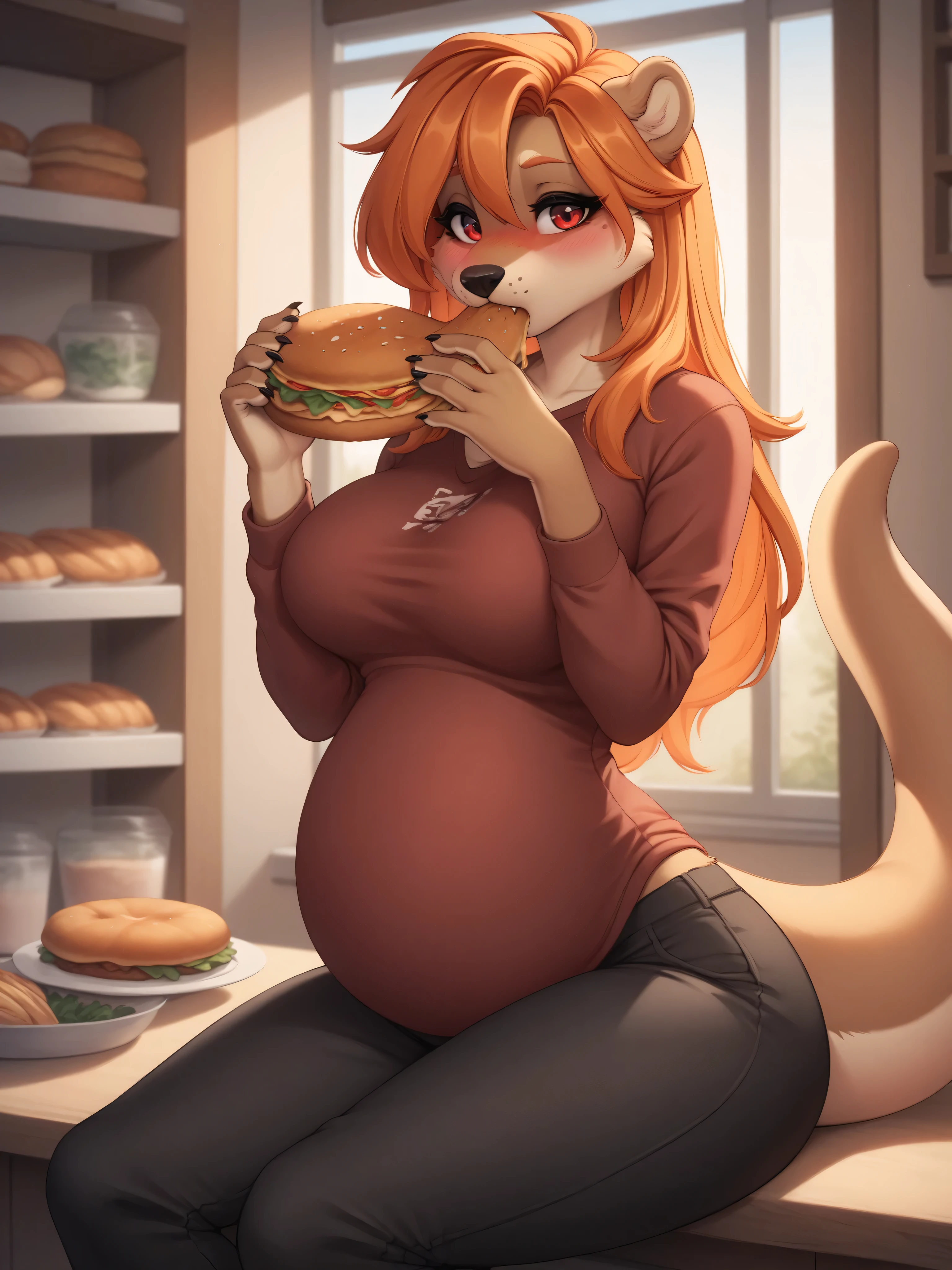 (4K HD Quality), score_9_up, score_8_up, score_6_up, anthro, solo, 1girl, female, furry, otters, brown body, orange hair, long thick hair, red eyes, otter tail, medium large breasts, 

blush, pregnant, looking at view, thick clothing, long sleeve shirt, long pants, shock face, sit, eat, dining room, food, eat a lot, holding food, 