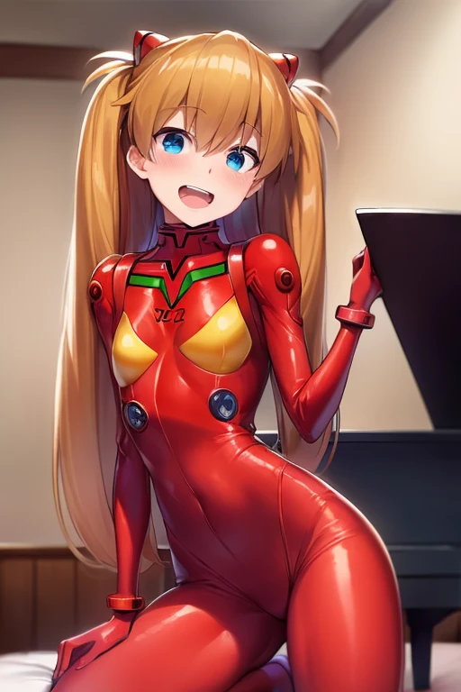 (( top quality)), ((masterpiece)), (be familiar with),  perfect face, indoor, bedroom,  watching viewers,
One woman,  Soryu Asuka Langley,
 open mouth,  ecstatic expression beside the piano, blush, smile,
 small tits,  flat chested, Young girl, Lori,  s,  girl,
 long hair,  Twin Tails ,
Leg spread,