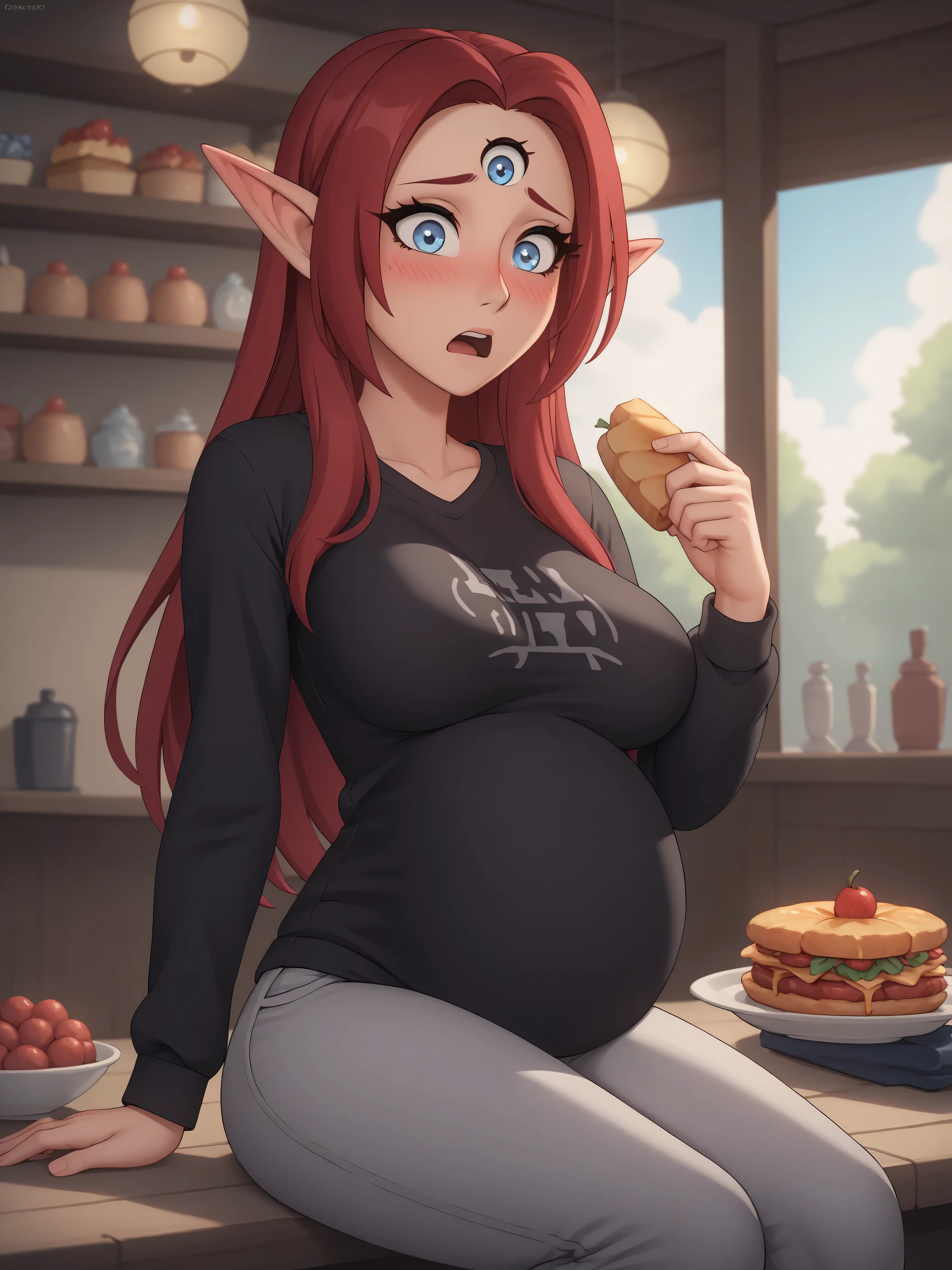 (4K HD Quality), score_9_up, score_8_up, score_6_up, anthro, solo, 1girl, female, elf, red hair, blue eyes, medium large breasts, 

Boscha_Season_3_Version, 

blush, pregnant, looking at view, thick clothing, long sleeve shirt, long pants, shock face, sit, eat, dining room, food, eat a lot, holding food, 