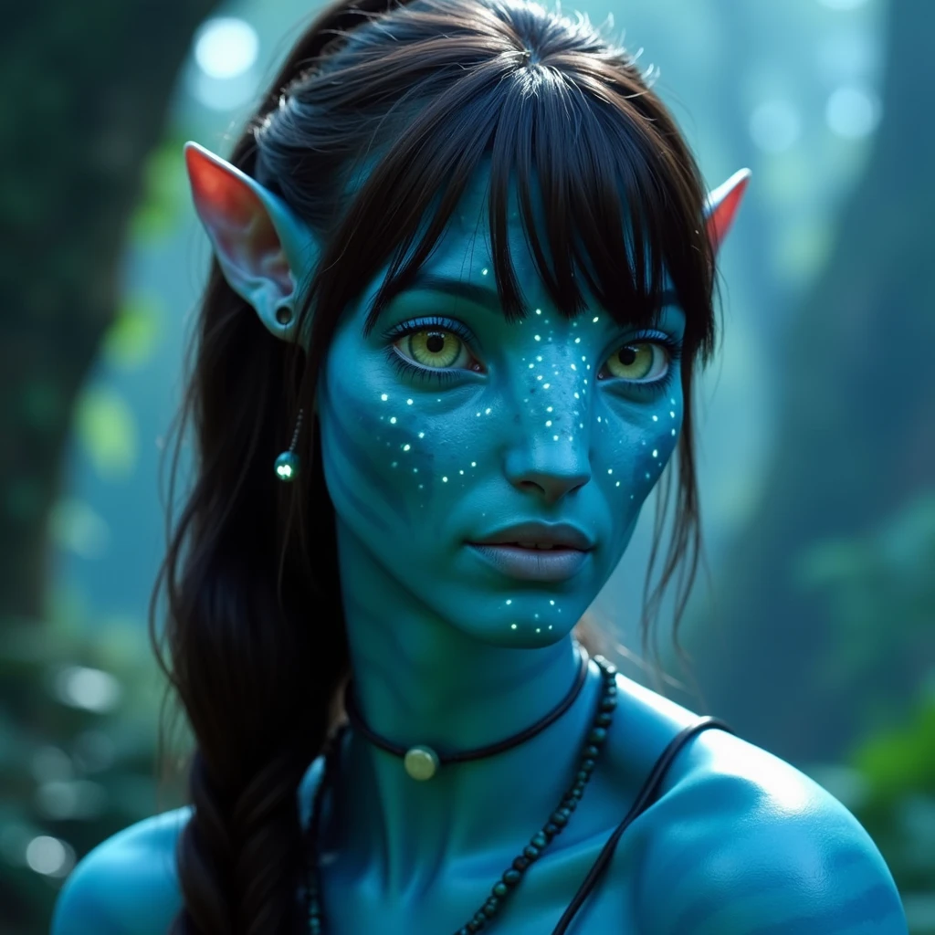 na'vi, na'vi race, avatar, pale teal blue skin, dark brown hair, blue eyes, straight brown hair with bangs pulled back in a low ponytail, long bangs, bangs covering forehead, no eyebrows, white bioluminescent freckles, thin blue stripes on face and neck, random pattern of stripes