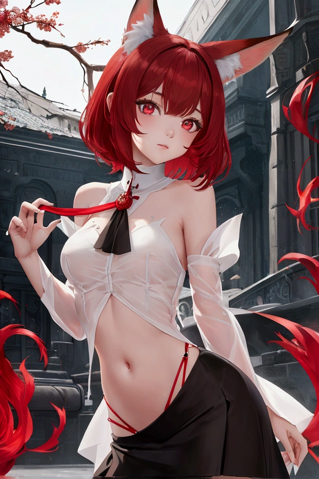 1girl, destiny, flower, solo, (minidress with hemline on hip:1.3), (tight dress:1), tight clothes, panty peek, panties,(lace panties:1.1), cameltoe, red flower, hair ornament, red rose, hair flower, short hair, green eyes, standing, from below, low angle, multicolored hair, standing, from_below, thighs, parted bangs, white hair, short hair with long locks, bare shoulders, looking at viewer, detached sleeves, eyeshadow, red rose on hair, small breasts, realistic, best quality,ultra-detailed,sharp focus,vivid colors,photorealistic,dynamic composition,indoor lighting,dramatic color scheme,stylishly, meticulous attention to detail