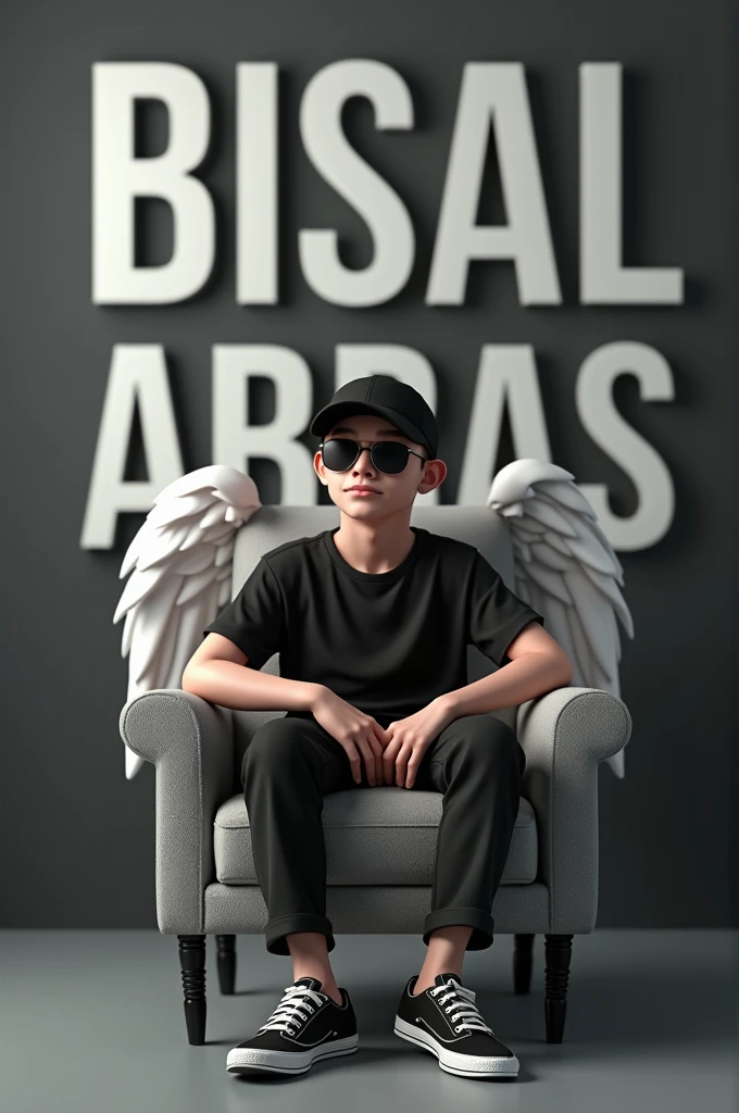 Create a 3D illusion for a Instagram profile picture where a 2 boy in a black shirt sits casually on a Wingback Chair. Wearing sneakers, a Red cricket cap, and sunglasses, he looks ahead. The background features "DIDAR" in big and capital white fonts on the black wall. There should not be his shadow, and there are wings to make it appear as if he is an angel.