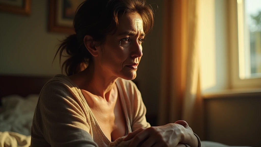 mulher de 50 anos, desesperado em uma sala de estar, morning light, prestes a chorar, fotografia de filmes de terror