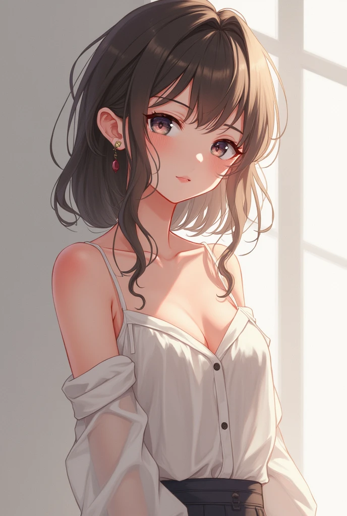 (highest resolution, distinct_image) The best quality, a woman, masterpiece, highly detailed, semi realistic, 21 years old, cute, young, beautiful, naked oversized t-shirt, shirt tug, collar on neck, indoors, modern bedroom, window, waking up, morning, blushing
