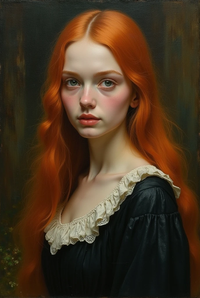 A Renaissance oil painting of a woman, young, nature, pale skin, witch , ginger