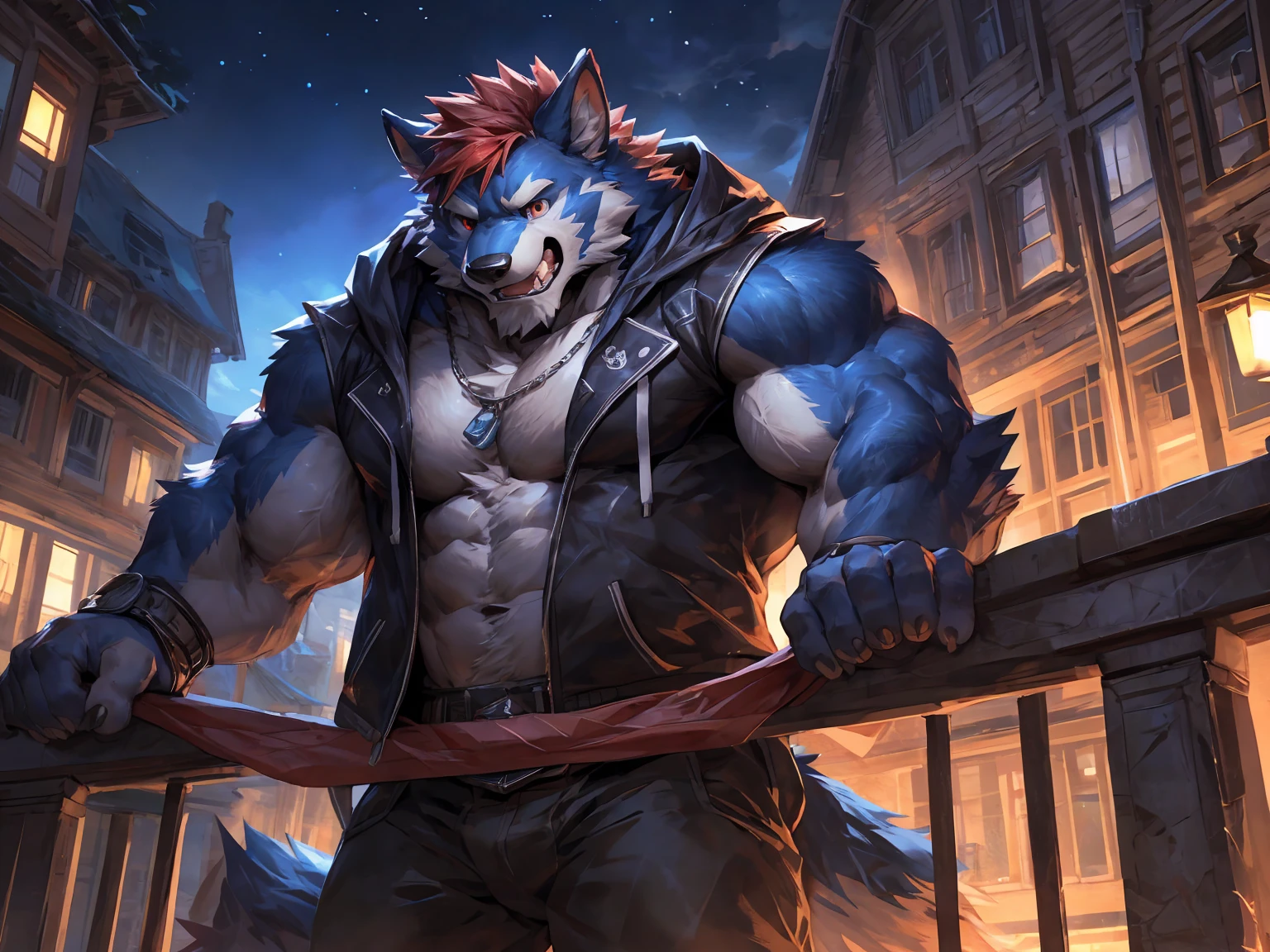 Werewolf, (Short red hair:1.2), (midnight blue toned fur:1.3), paw pads details, toothy smile, embarrassed, open hoodie, solo, night, masterpiece, (16K), HD, Various facial details, detailed background, very detailed, dynamic poses, Eyes details,  high resolution, high quality, correct anatomy,  campus terrace, cartoon, by lindong, by null-ghost, Lean over the railing and look down