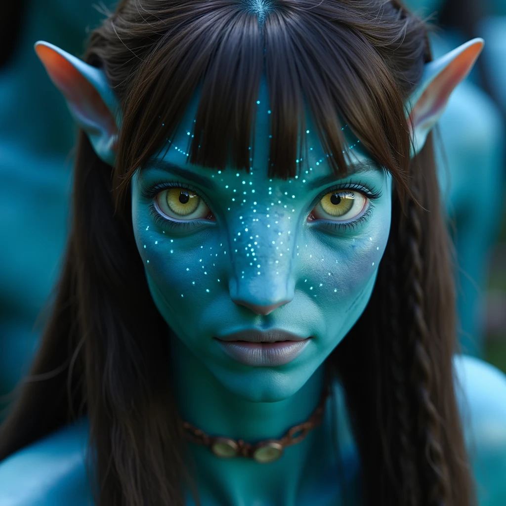 na'vi, na'vi race, avatar, pale teal blue skin, dark brown hair, blue eyes, straight brown hair with bangs pulled back in a low ponytail, long bangs, bangs covering forehead, no eyebrows, white bioluminescent freckles, thin blue stripes on face and neck, random pattern of stripes