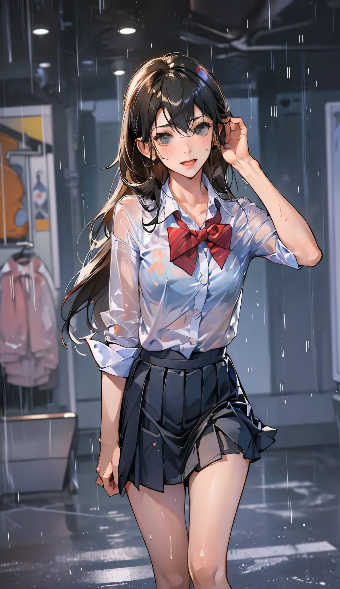 best quality, highres, absurdres, ultra-detailed, suzuya_(kancolle), 1girl, long_hair, skirt, solo, shirt, rain, wet_clothes, hair_ornament, wet, breasts, underwear, pleated_skirt, see-through, bowtie, red_bow