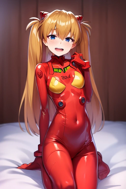 (( top quality)), ((masterpiece)), (be familiar with),  perfect face, indoor, bedroom,  watching viewers,
One woman,  Soryu Asuka Langley,
 open mouth,  ecstatic expression beside the piano, blush, smile,
 small tits,  flat chested, Young girl, Lori,  s,  girl,
 long hair,  Twin Tails ,
Leg spread,