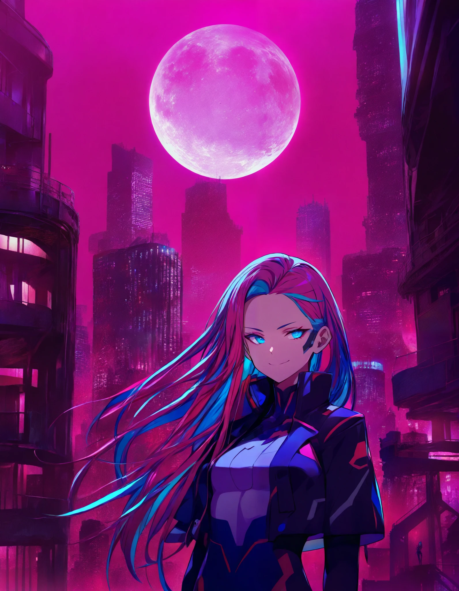 colorful, 1girl, colorful, colorful, cyberpunk, ladder, looking at viewer, moon, multicolored hair, two-tone hair, pink theme, long hair, solo, closed mouth, limited palette, full moon, building, smile, outdoor, city lights, masterpiece, best quality, newest, very awa
