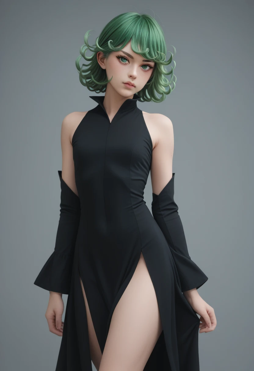 1girl, tatsumaki, green hair, green eyes, black dress, short hair, curly hair, thighs, looking at viewer